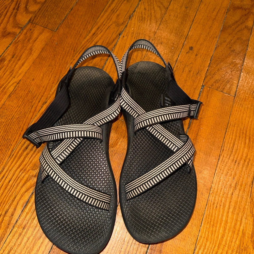 Black Strappy Outdoor Sandals with White Stripe Webbing